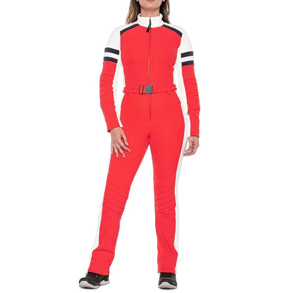 NEW $1800 BOGNER CAT ONE PIECE SKI SUIT! 4 XS ORANGEY RED BLACK & WHITE DESIGN